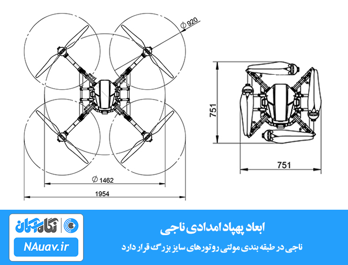 ابعاد کوادکوپتر نجات غریق ناجی در حالت باز و بسته
